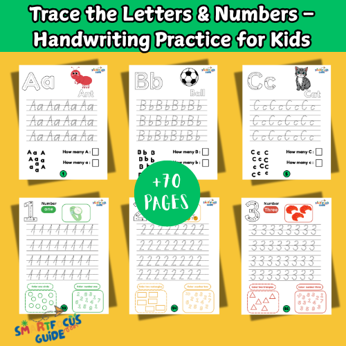 Trace the Letters & Numbers – Handwriting Practice for Kids (70+ Pages)