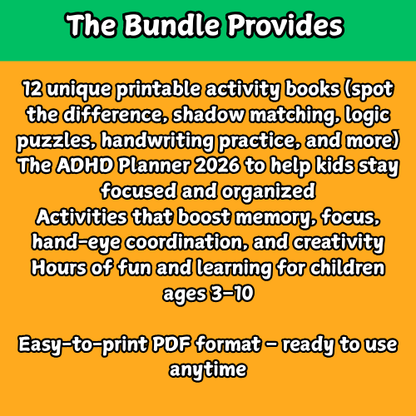 Ultimate Kids Activity Bundle 2026 – 12 Printable Books + ADHD Planner